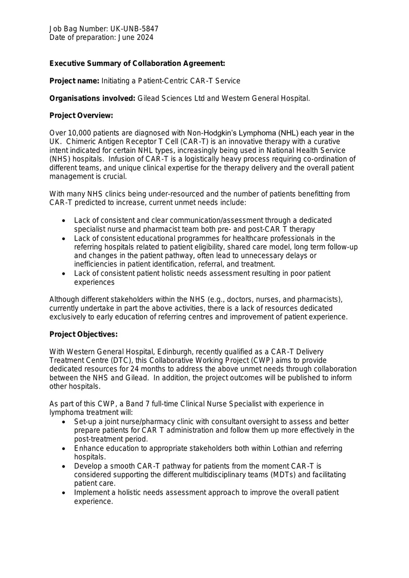 Collaboration Agreement for Patient-Centric CAR-T Service