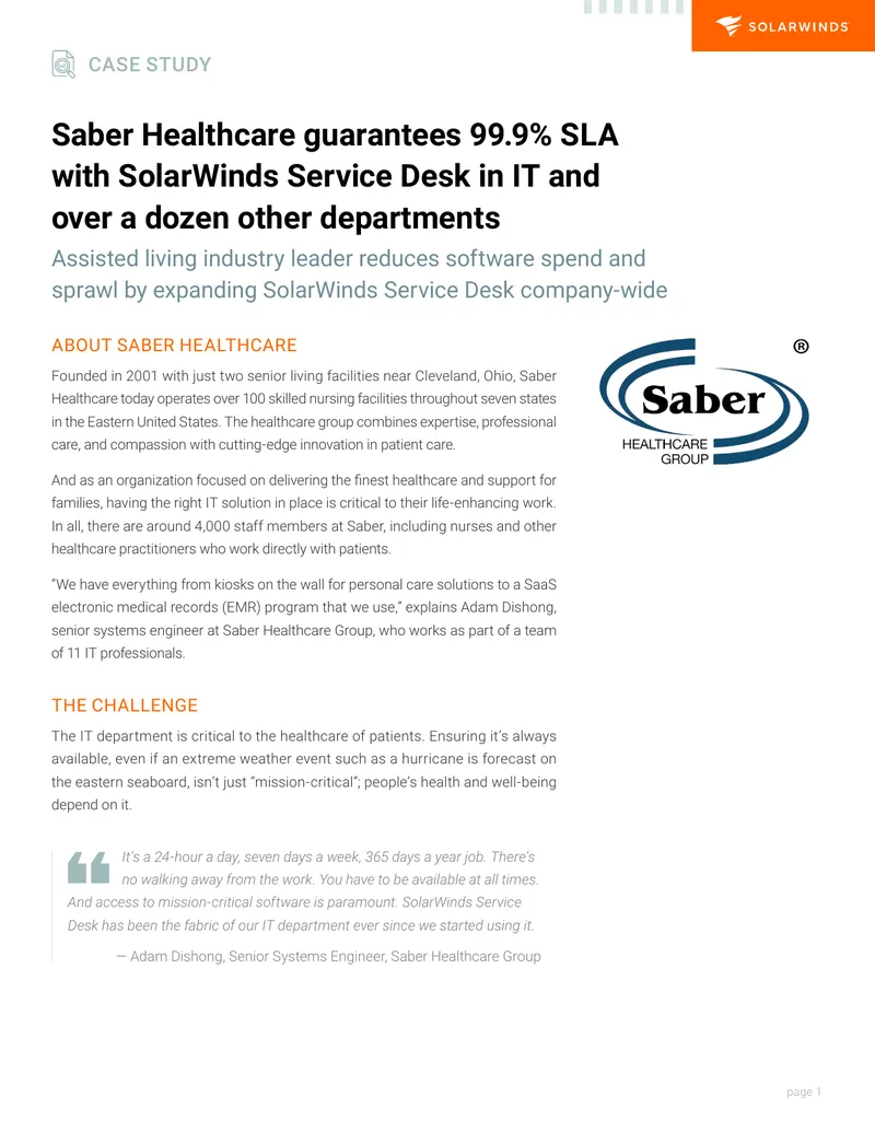 Saber Healthcare Case Study on SolarWinds Service Desk
