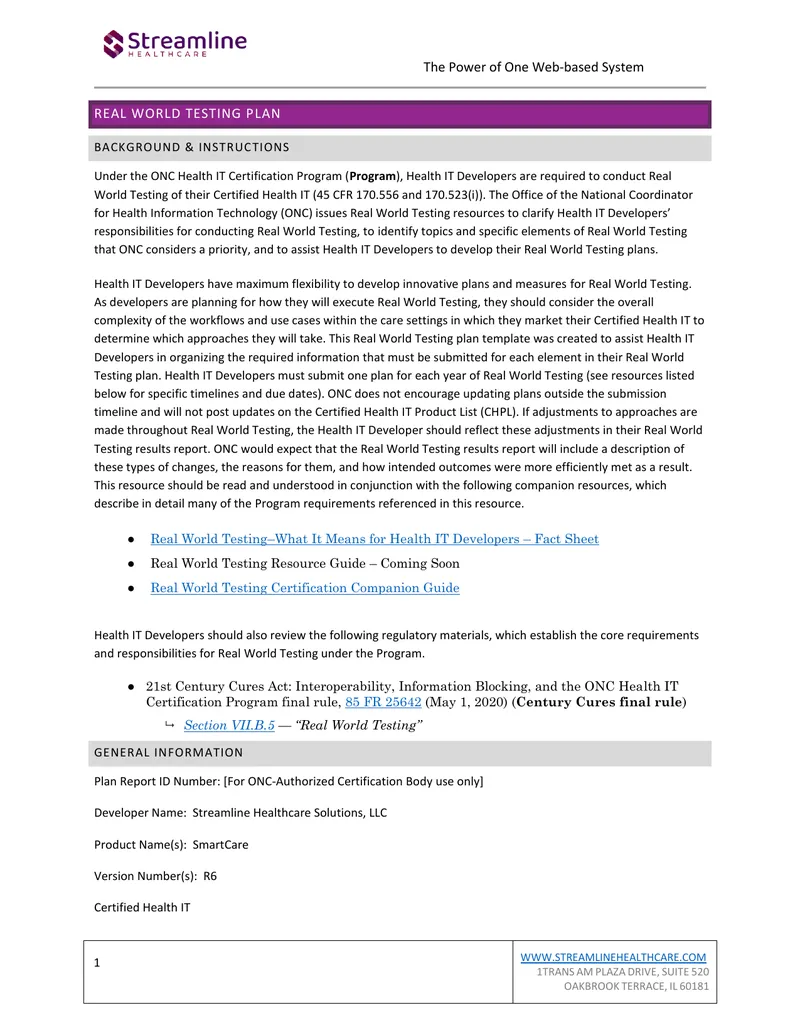 Real World Testing Plan for Certified Health IT