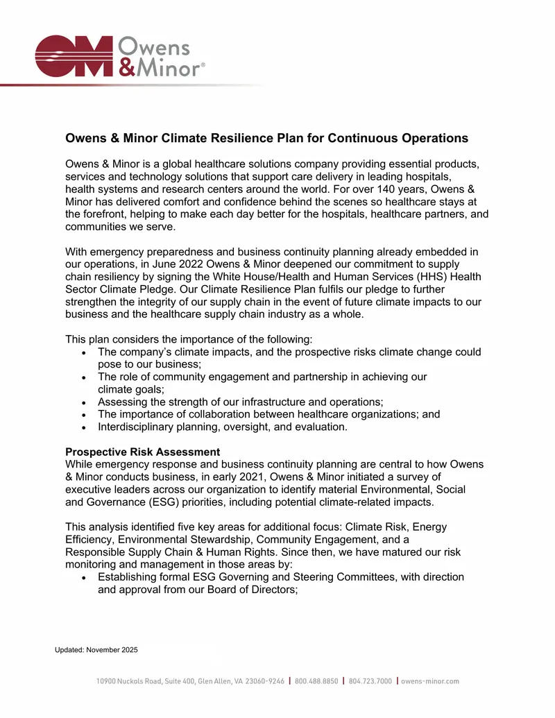 Owens & Minor Climate Resilience Plan for Continuous Operations