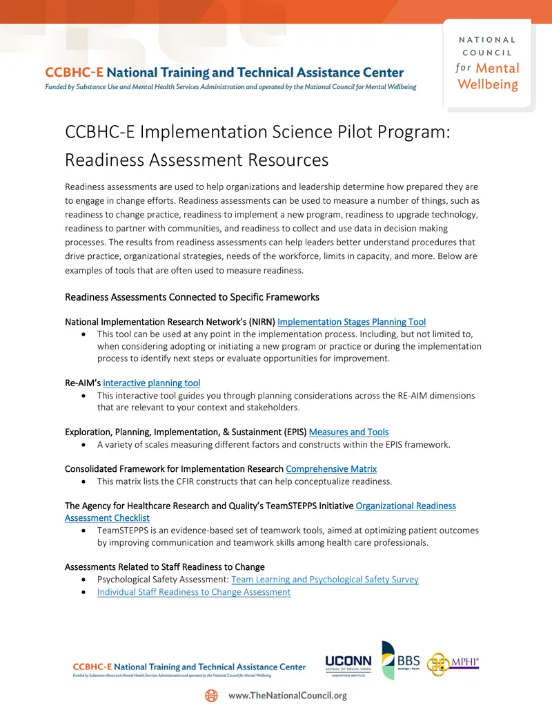 CCBHC-E Implementation Science Pilot Program Readiness Assessment Resources