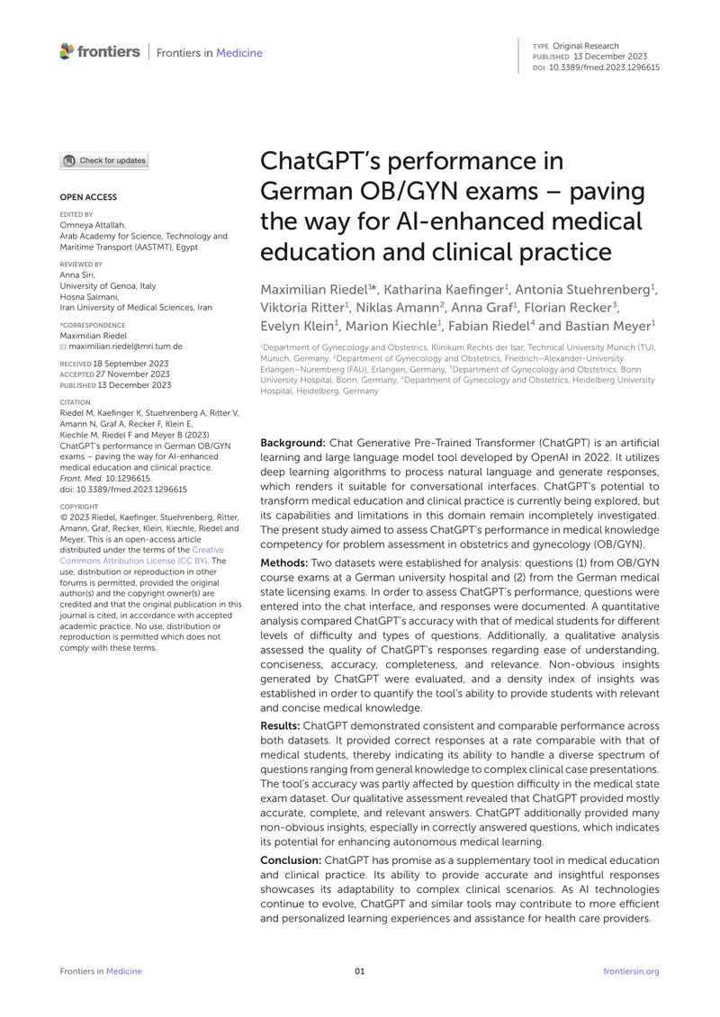 ChatGPT Performance in German OB/GYN Exams