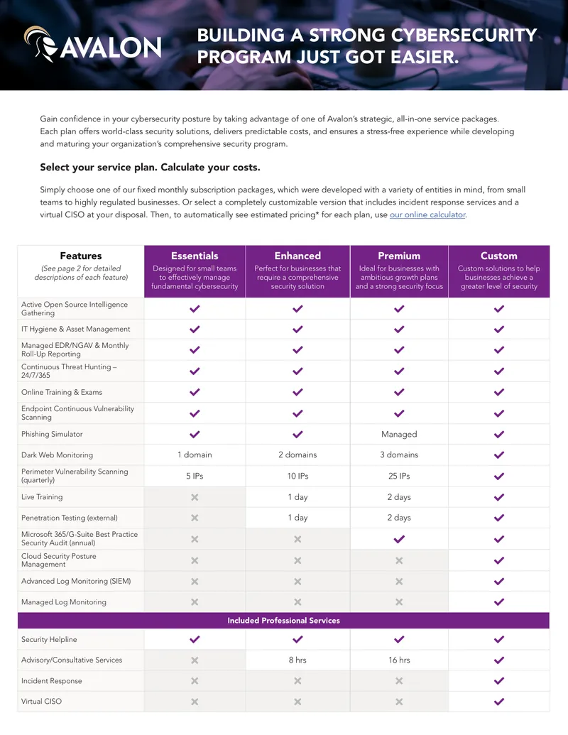 Avalon Cybersecurity Service Package Overview