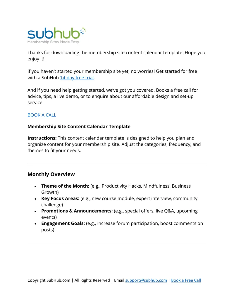 Membership Site Content Calendar Template