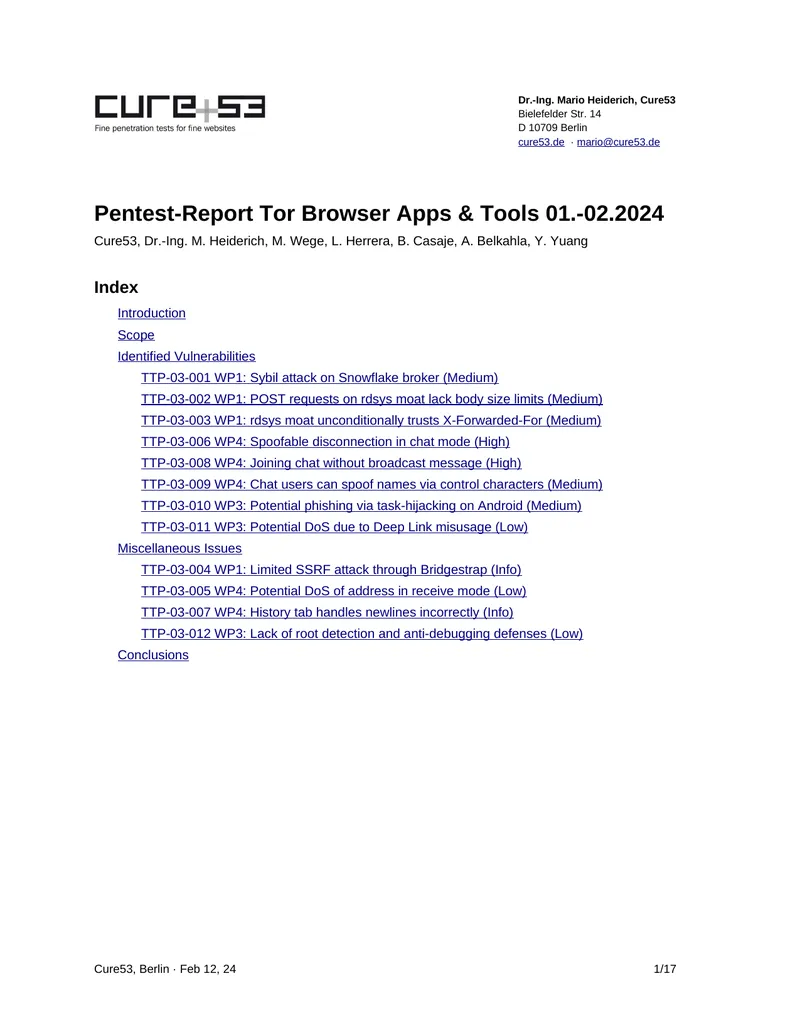 Pentest Report on Tor Browser Applications and Tools