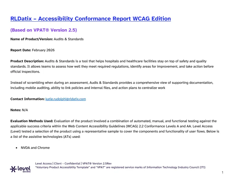 Accessibility Conformance Report for Audits & Standards