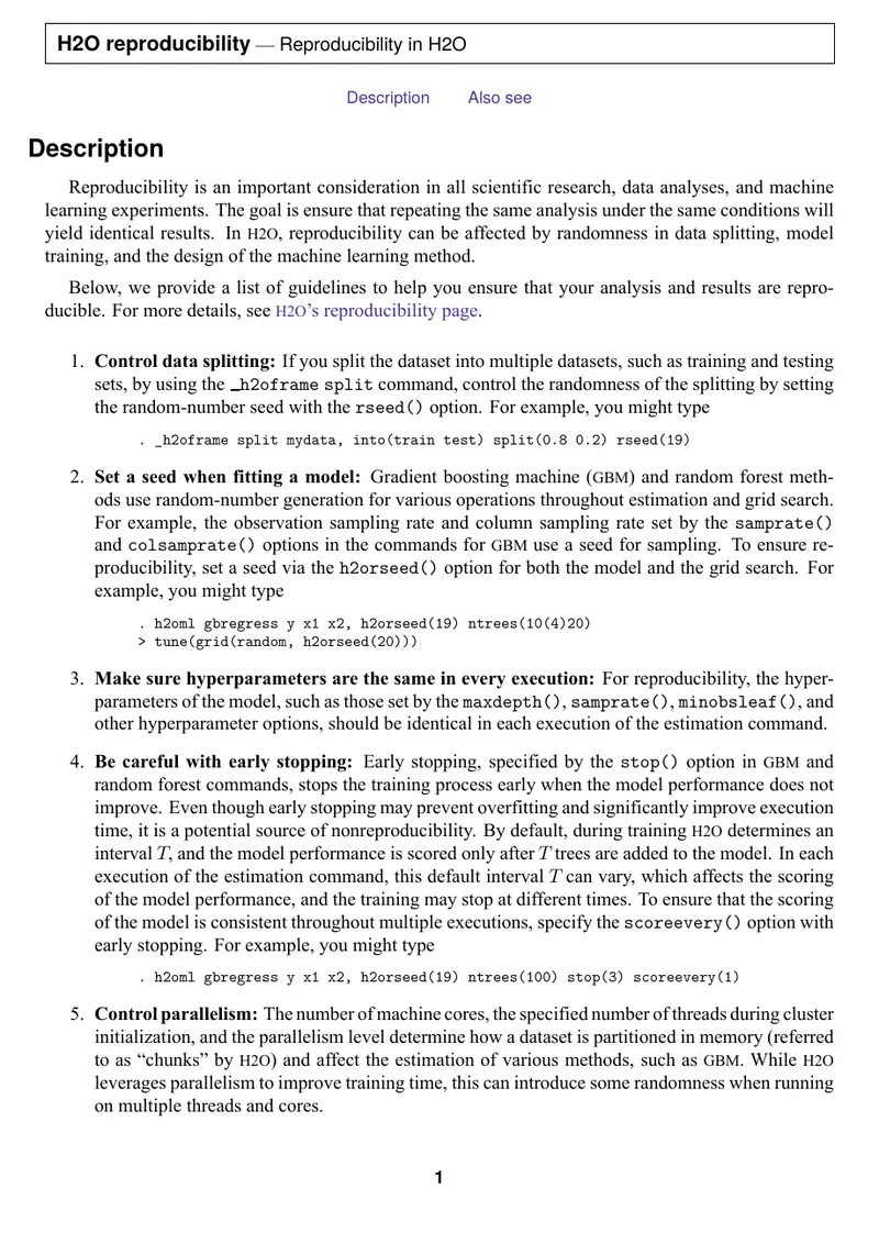 H2O Reproducibility Guidelines for Machine Learning