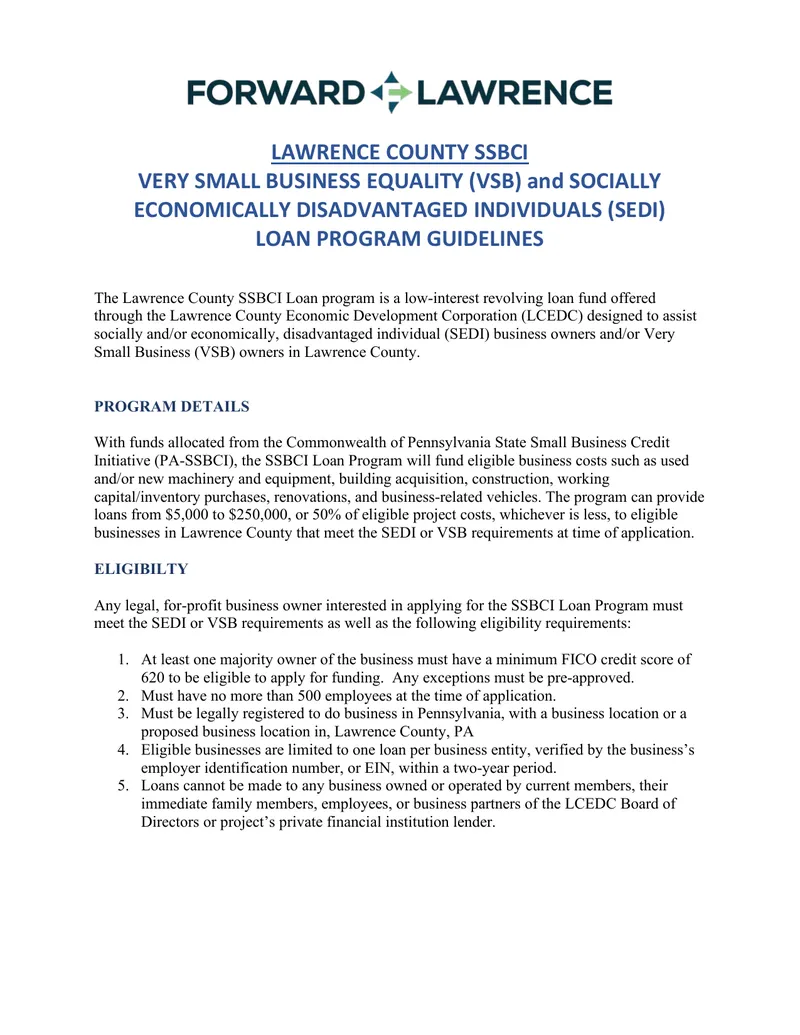 Lawrence County SSBCI Loan Program Guidelines