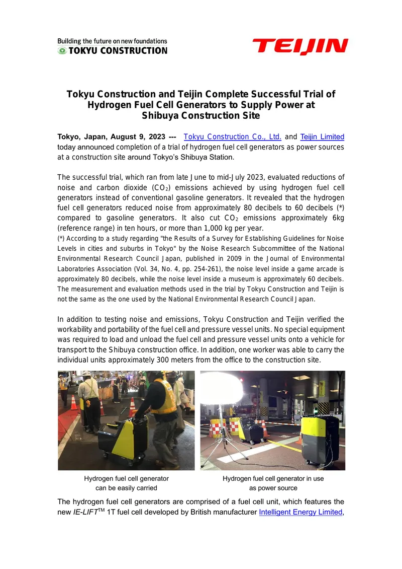 Trial of Hydrogen Fuel Cell Generators at Construction Site