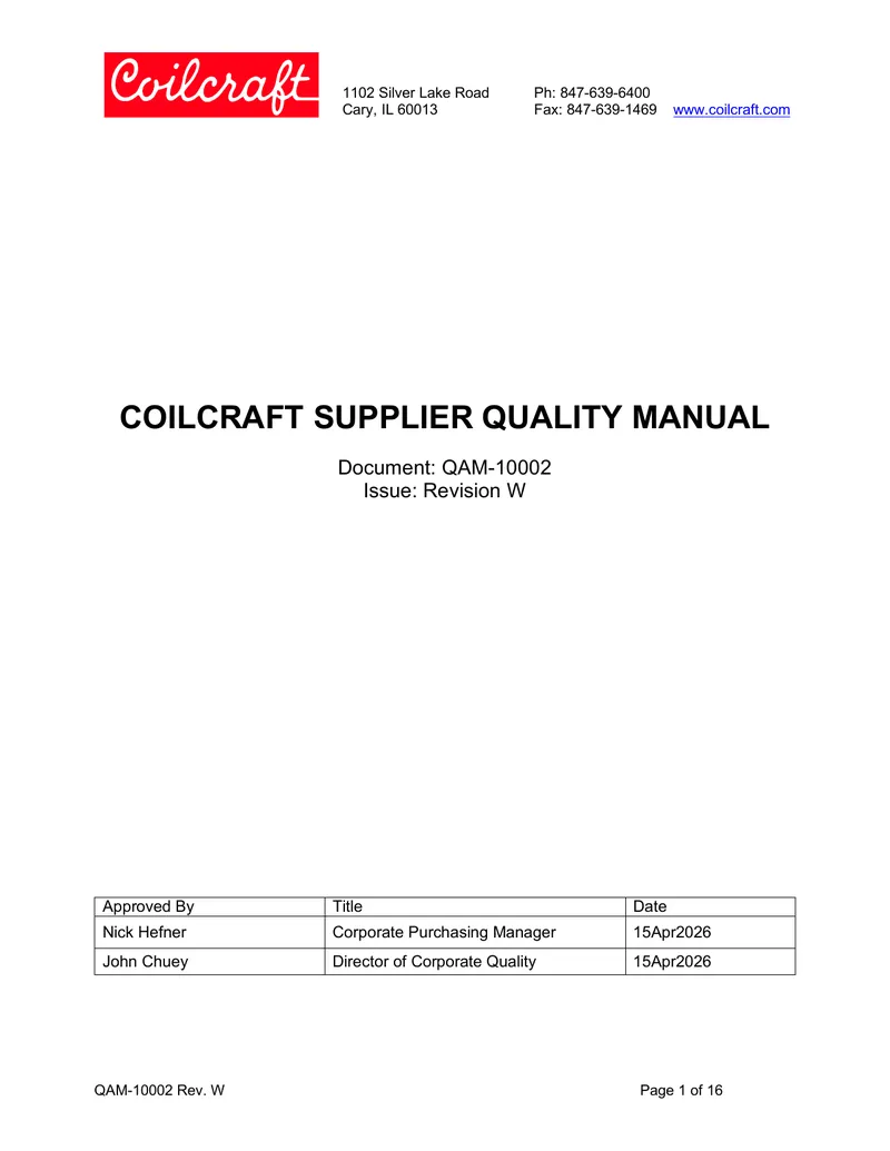 Coilcraft Supplier Quality Manual Revision W