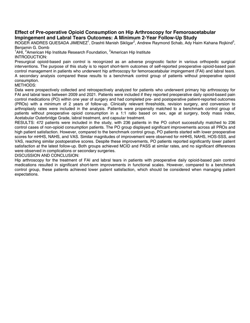 Impact of Pre-operative Opioid Use on Hip Arthroscopy Outcomes