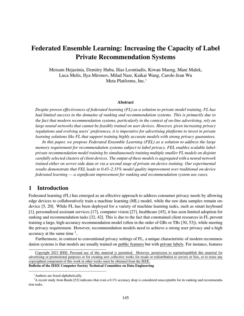 Federated Ensemble Learning for Private Recommendation Systems
