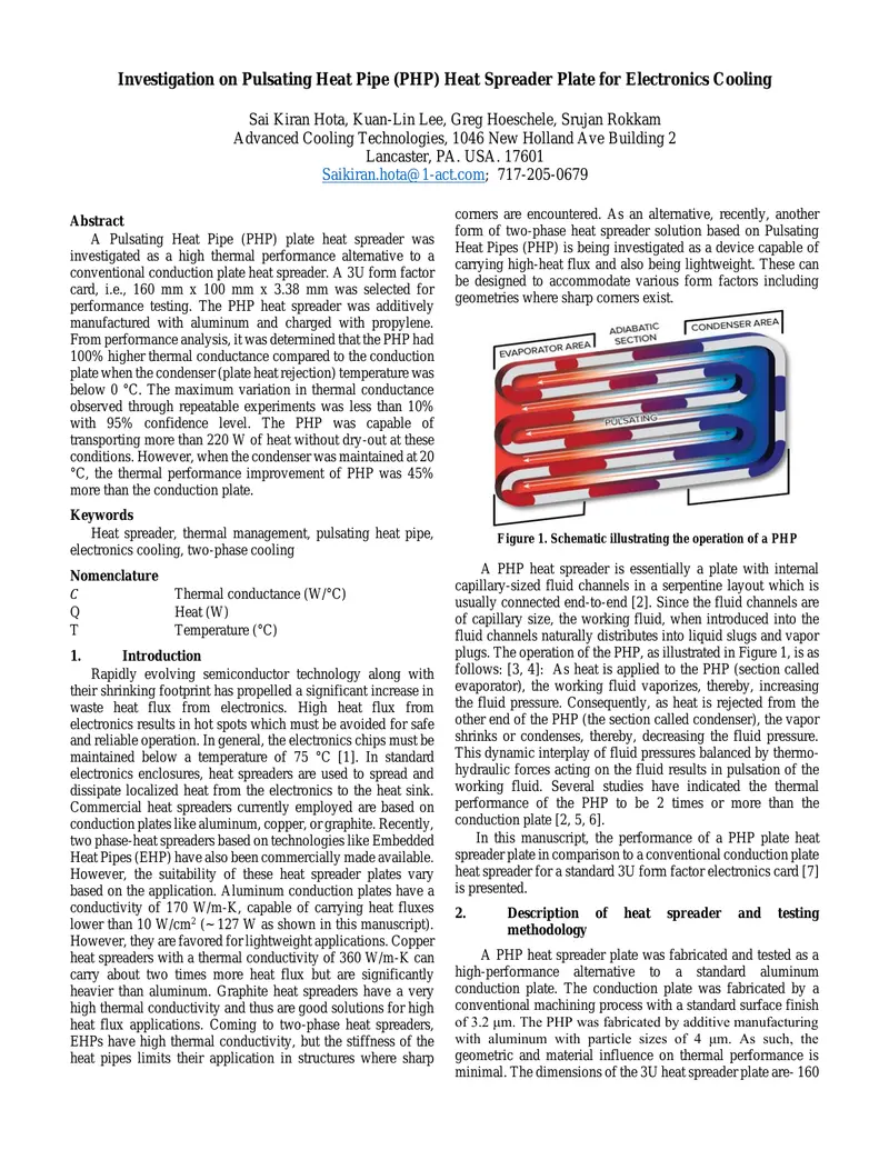 Investigation of Pulsating Heat Pipe for Electronics Cooling