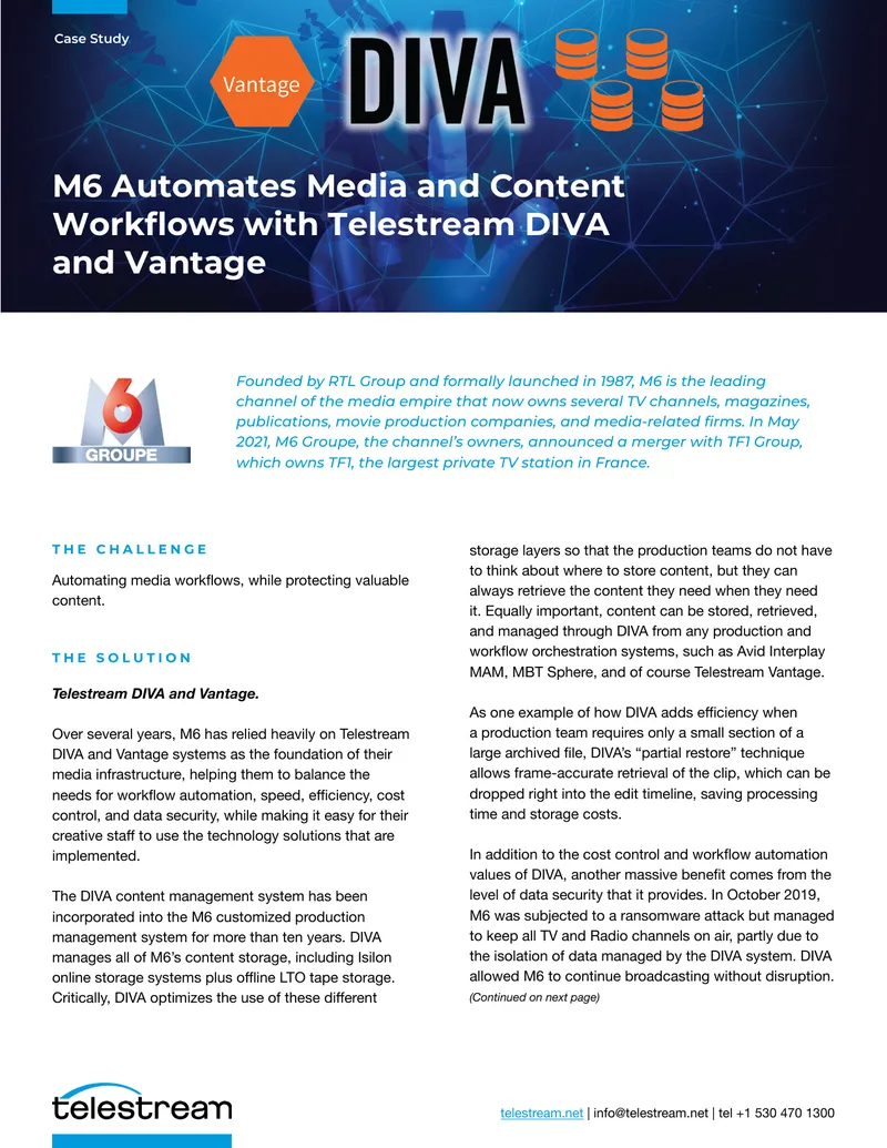 M6 Media Workflow Automation with Telestream DIVA and Vantage