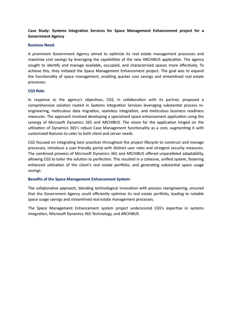 Systems Integration Services for Space Management Enhancement