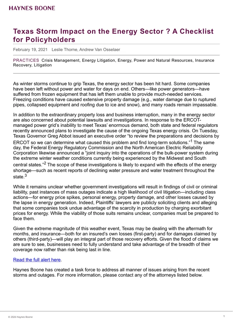 Texas Storm Impact on the Energy Sector Checklist
