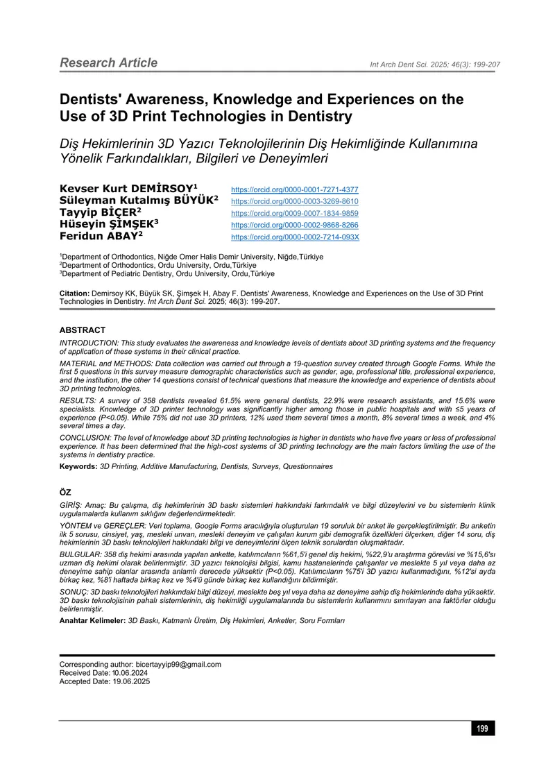 Dentists' Awareness and Knowledge of 3D Printing Technologies