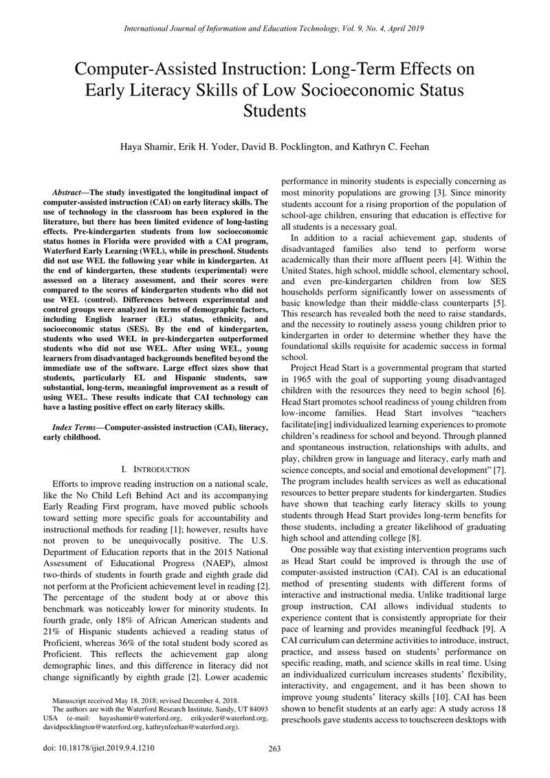 Longitudinal Impact of Computer-Assisted Instruction on Literacy
