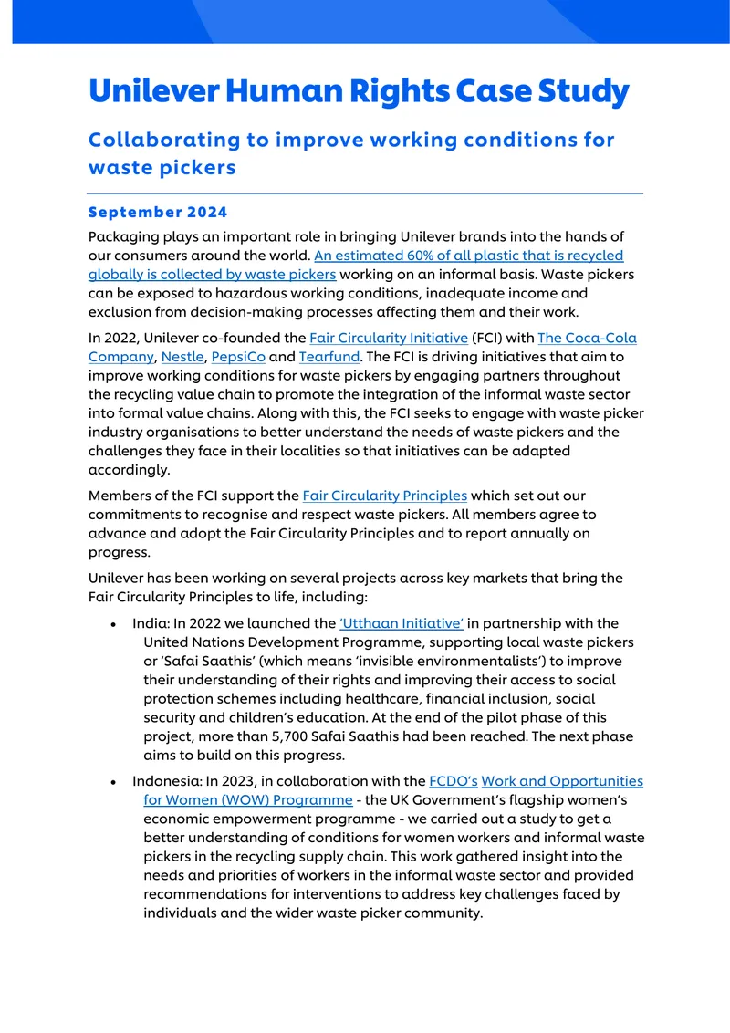 Unilever Human Rights Case Study on Waste Pickers
