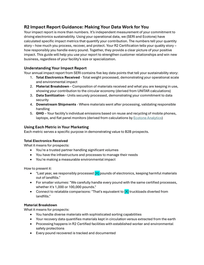 R2 Impact Report Guidance for Electronics Sustainability