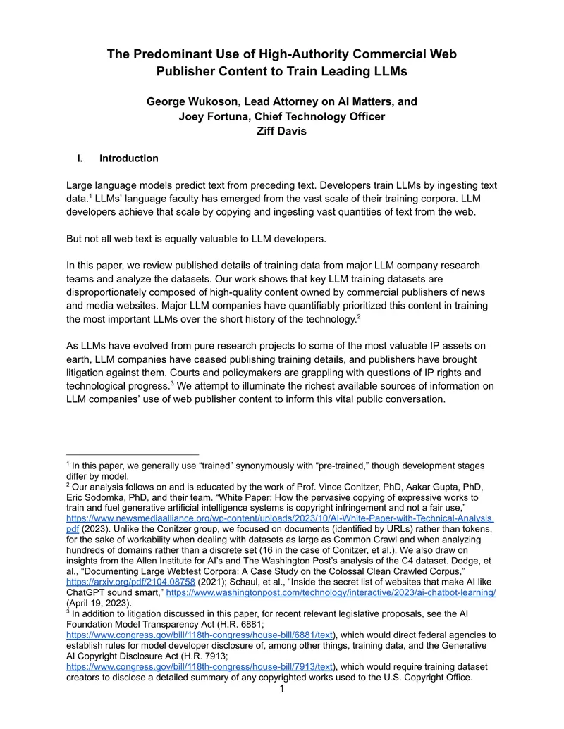Analysis of High-Authority Web Publisher Content in LLM Training