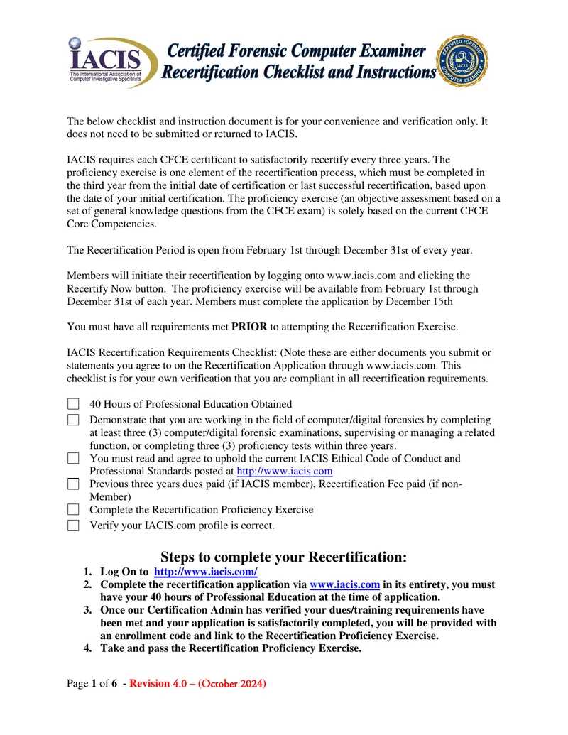 IACIS CFCE Recertification Requirements Checklist