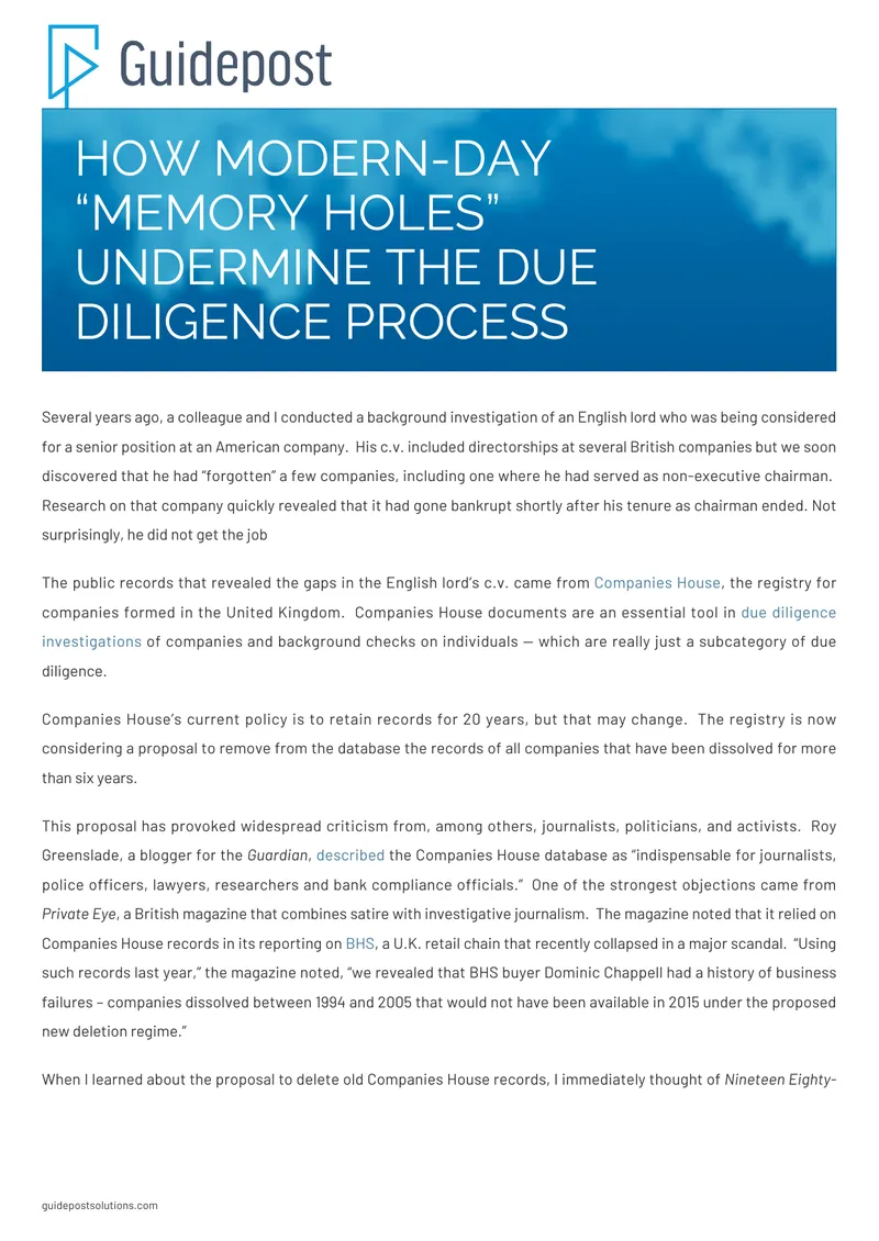 Impact of Memory Holes on Due Diligence Processes