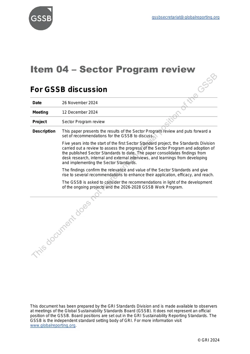 Sector Program Review and Recommendations Document