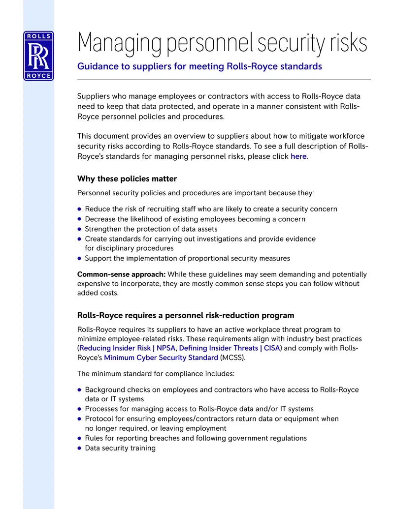 Managing Personnel Security Risks for Suppliers