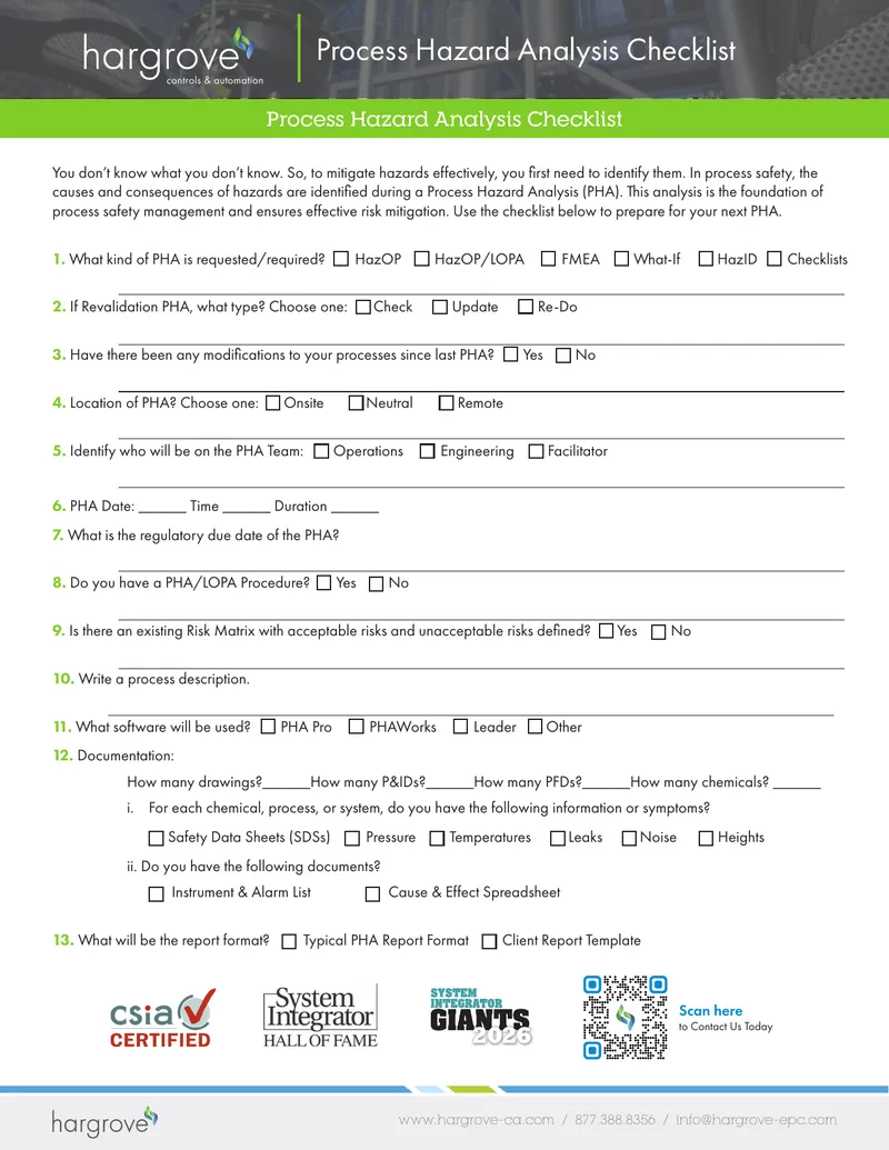Process Hazard Analysis Checklist