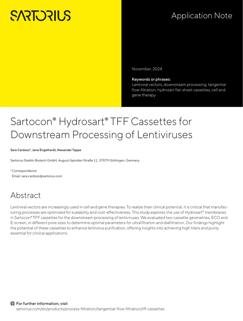 Sartocon Hydrosart TFF Cassettes for Lentivirus Processing