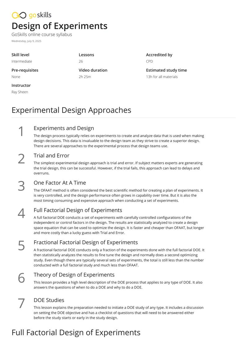 Design of Experiments Online Course Syllabus