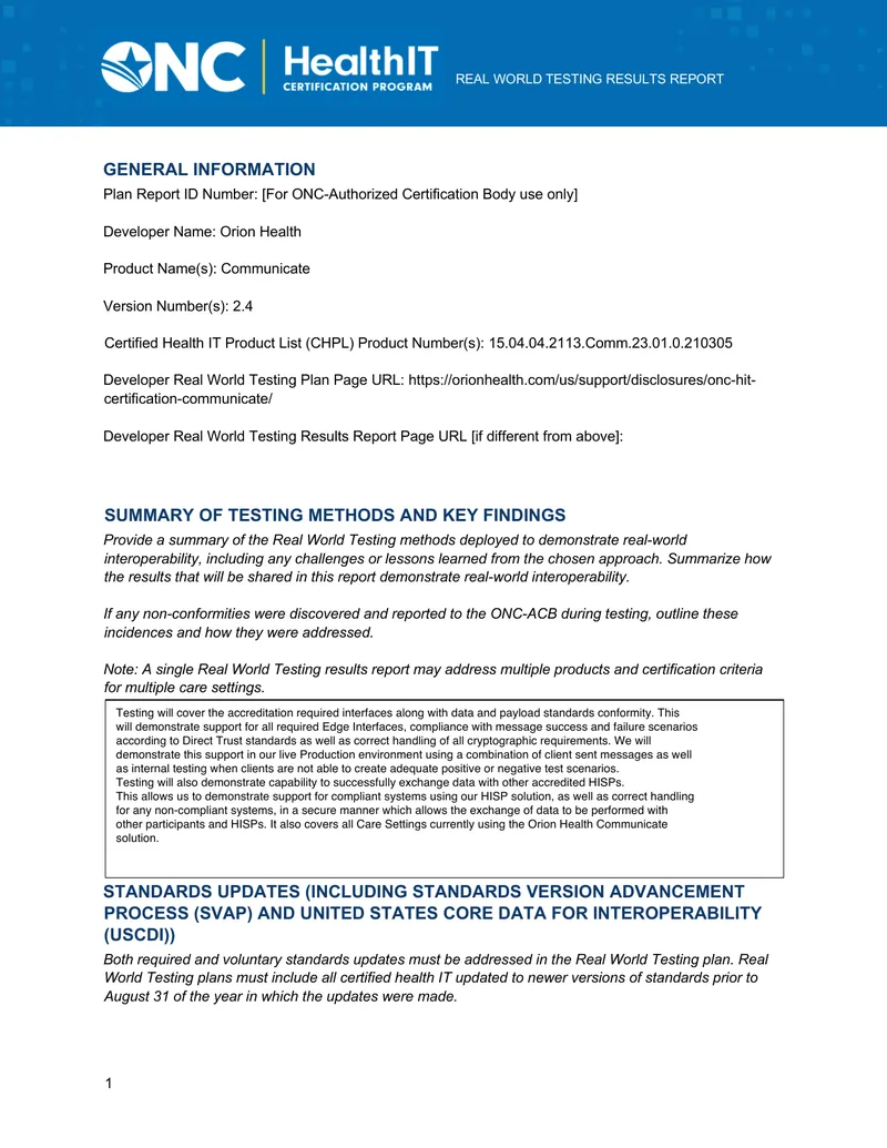 Real World Testing Results Report for Communicate