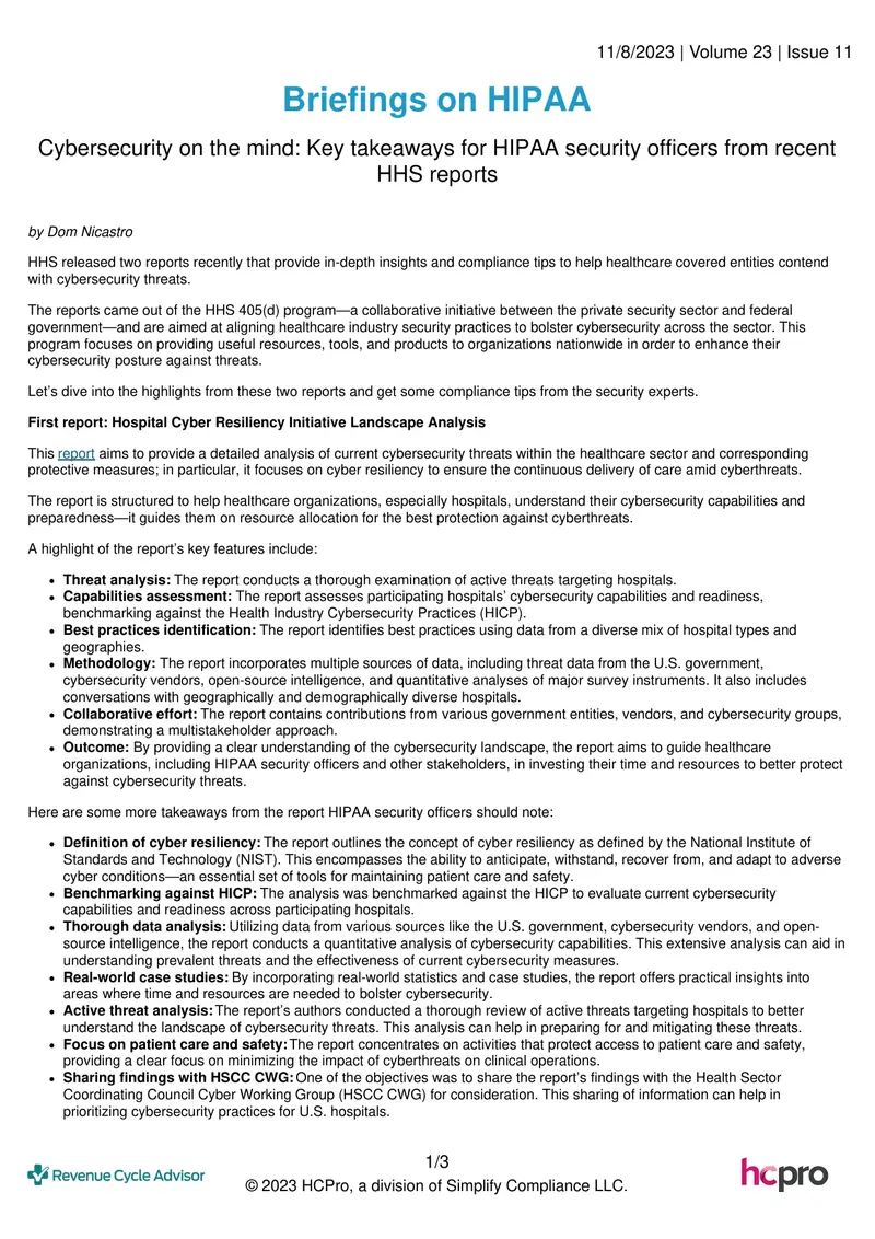 Key Insights from HHS Cybersecurity Reports for Healthcare