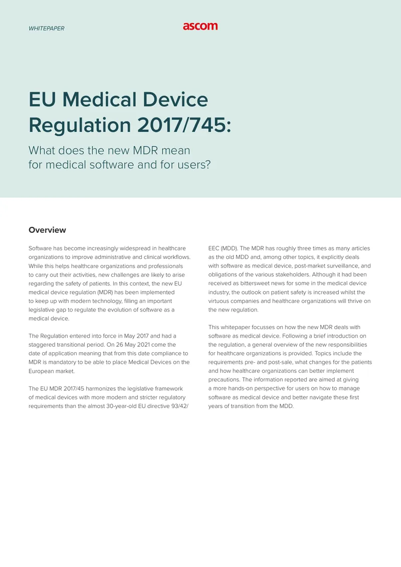 EU Medical Device Regulation 2017/745 and Software Compliance