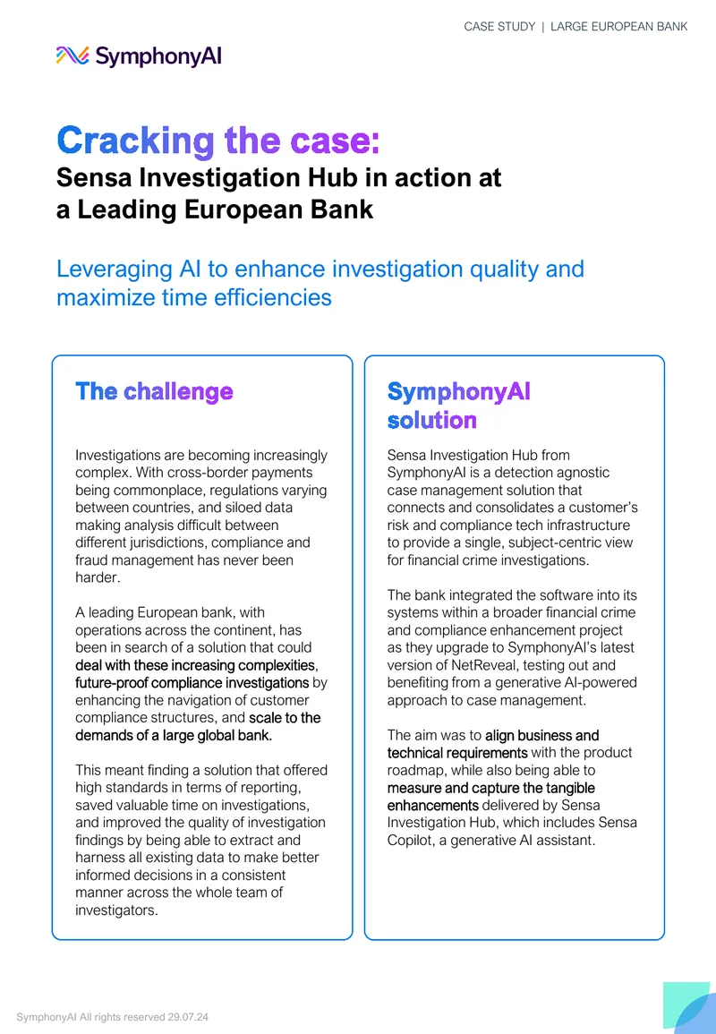Sensa Investigation Hub Implementation at European Bank