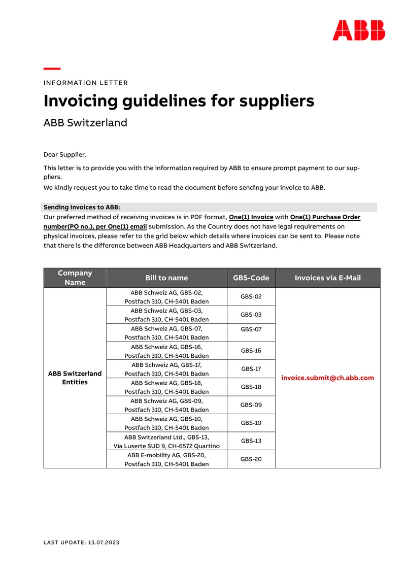 Invoicing Guidelines for Suppliers at ABB Switzerland