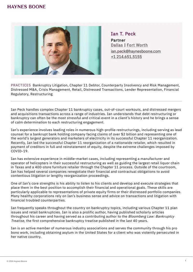 Ian Peck Bankruptcy and Restructuring Expertise