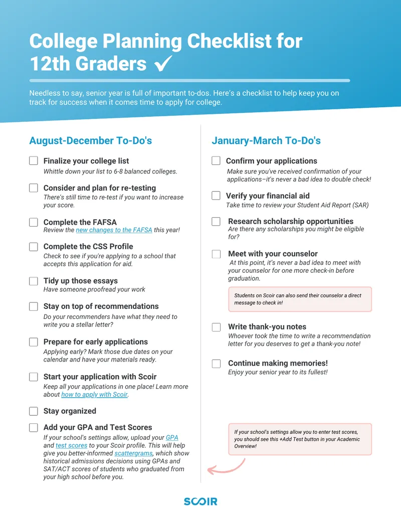 College Planning Checklist for 12th Graders