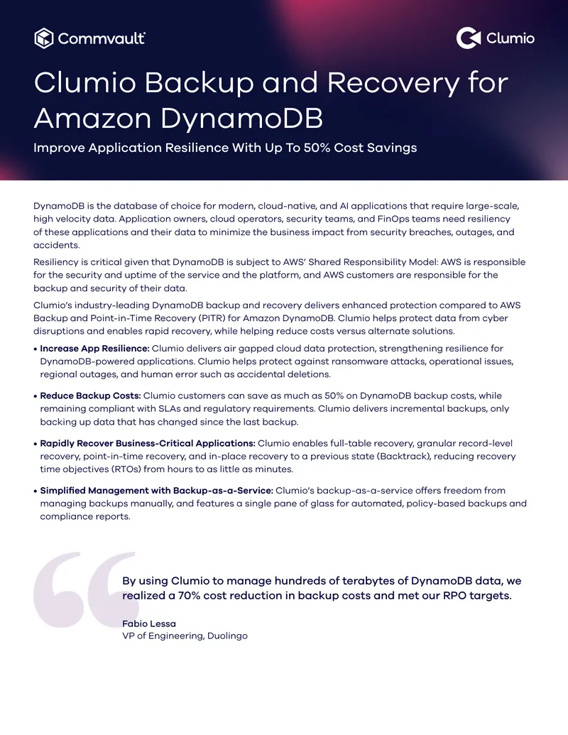 Clumio Backup and Recovery for Amazon DynamoDB