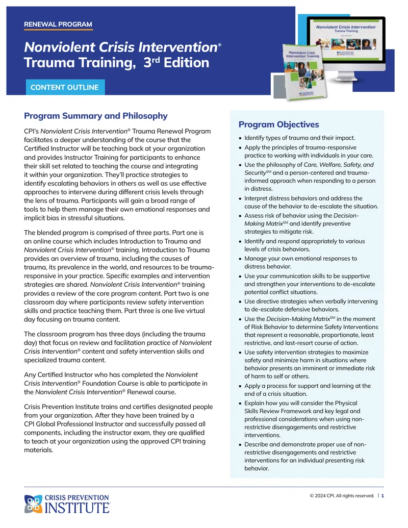 Nonviolent Crisis Intervention Trauma Renewal Program Overview