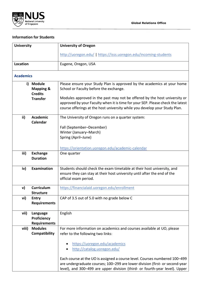 Exchange Student Information Guide for University of Oregon