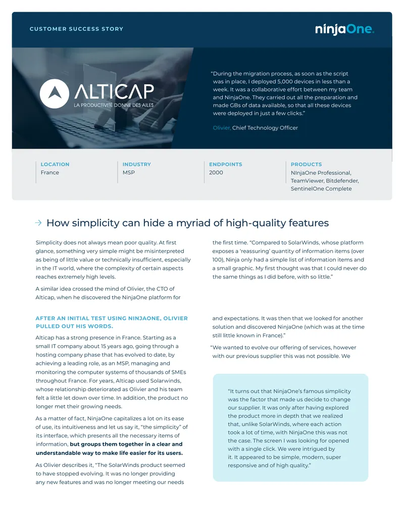 Customer Success Story of Alticap with NinjaOne