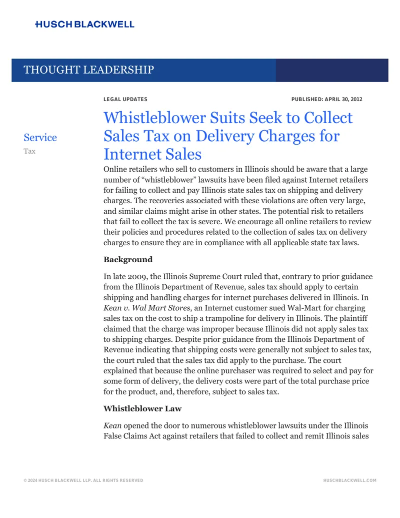 Whistleblower Lawsuits on Sales Tax for Delivery Charges