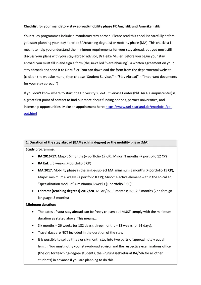 Checklist for Mandatory Stay Abroad and Mobility Phase