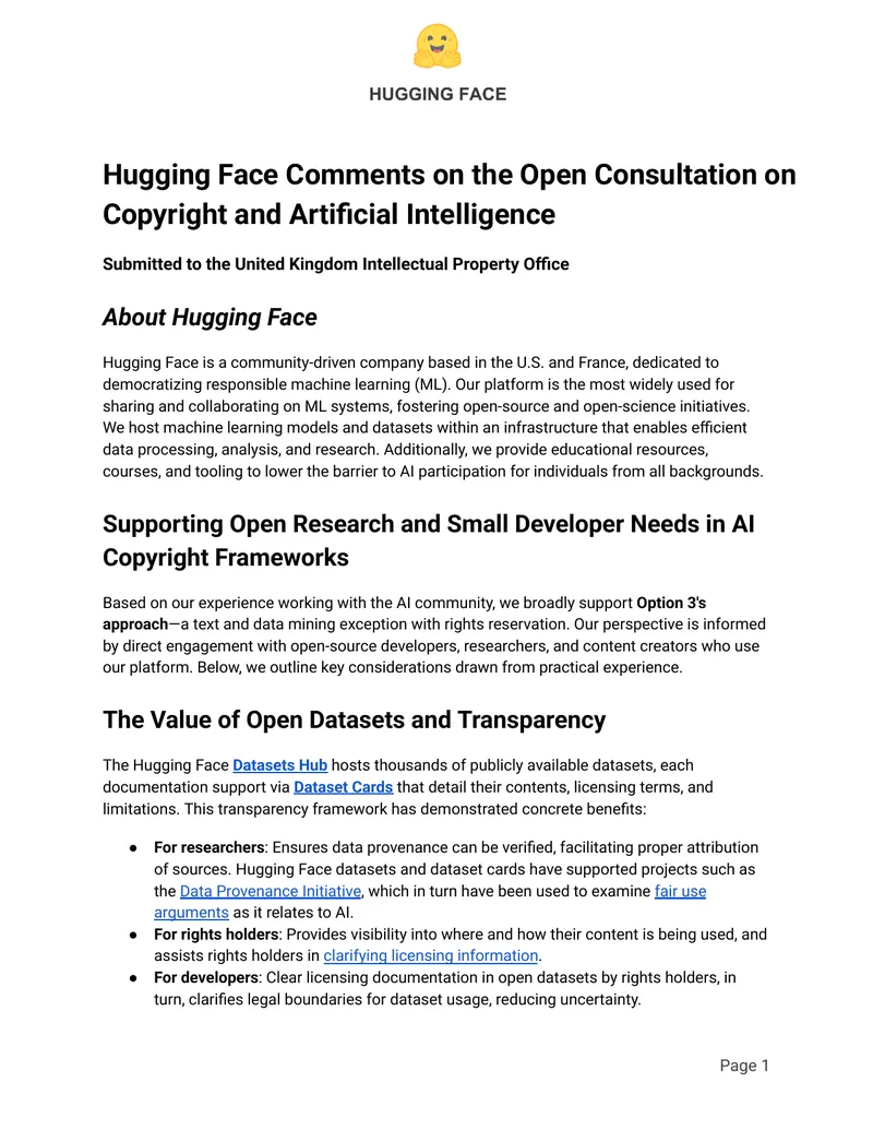 Hugging Face Response to Copyright and AI Consultation