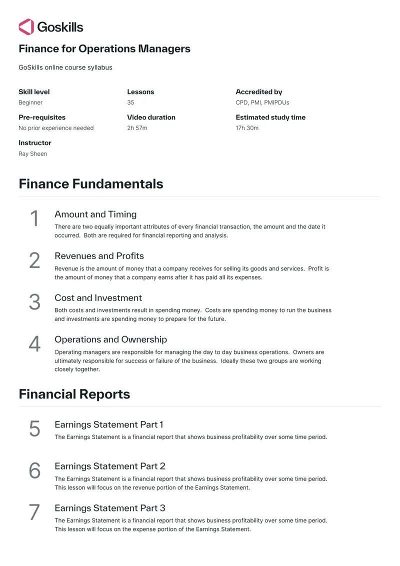 Finance for Operations Managers Course Syllabus