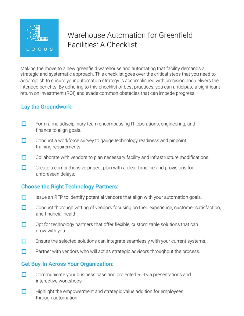 Warehouse Automation for Greenfield Facilities Checklist