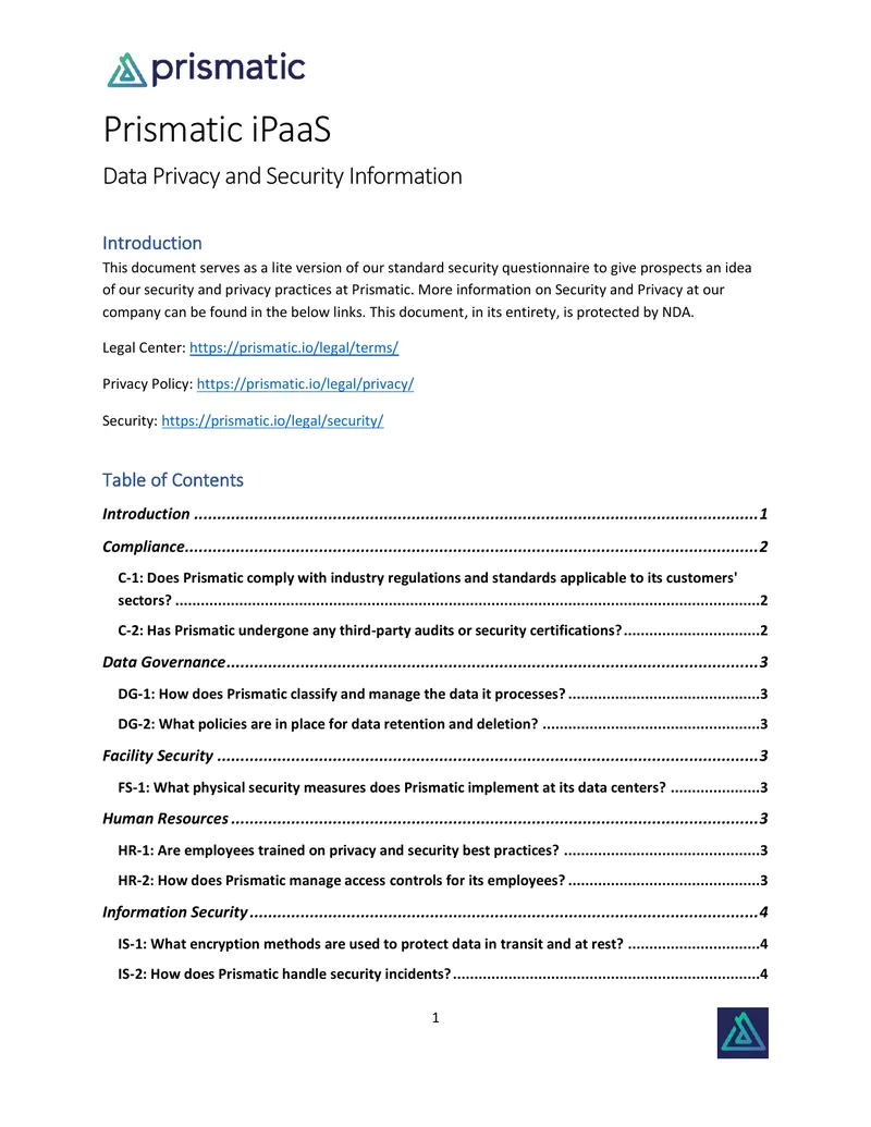 Prismatic iPaaS Data Privacy and Security Information