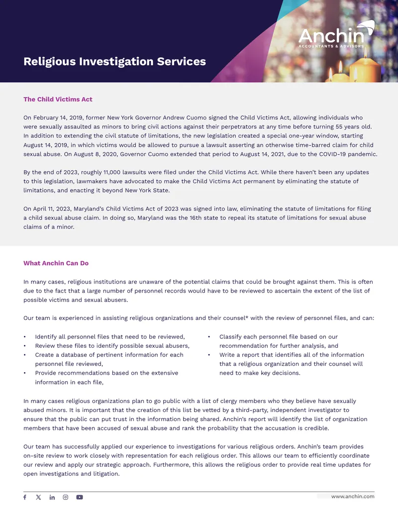 Child Victims Act and Religious Investigation Services